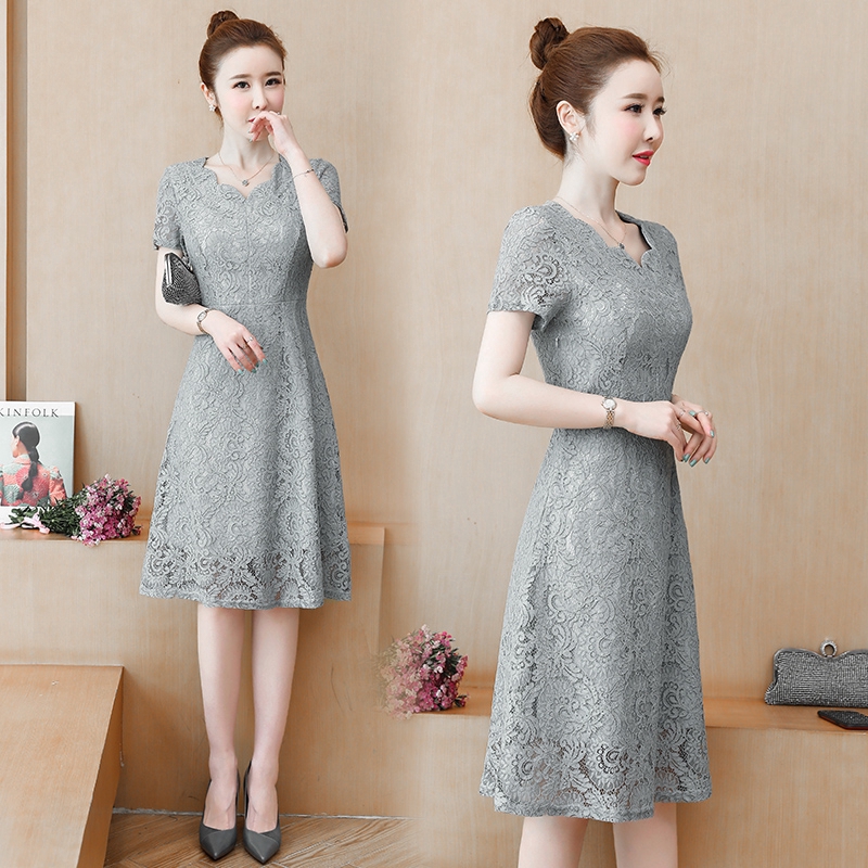 Đầm ren cổ chữ V ngắn tay phong cách Hàn Quốc thanh lịch dành cho nữ