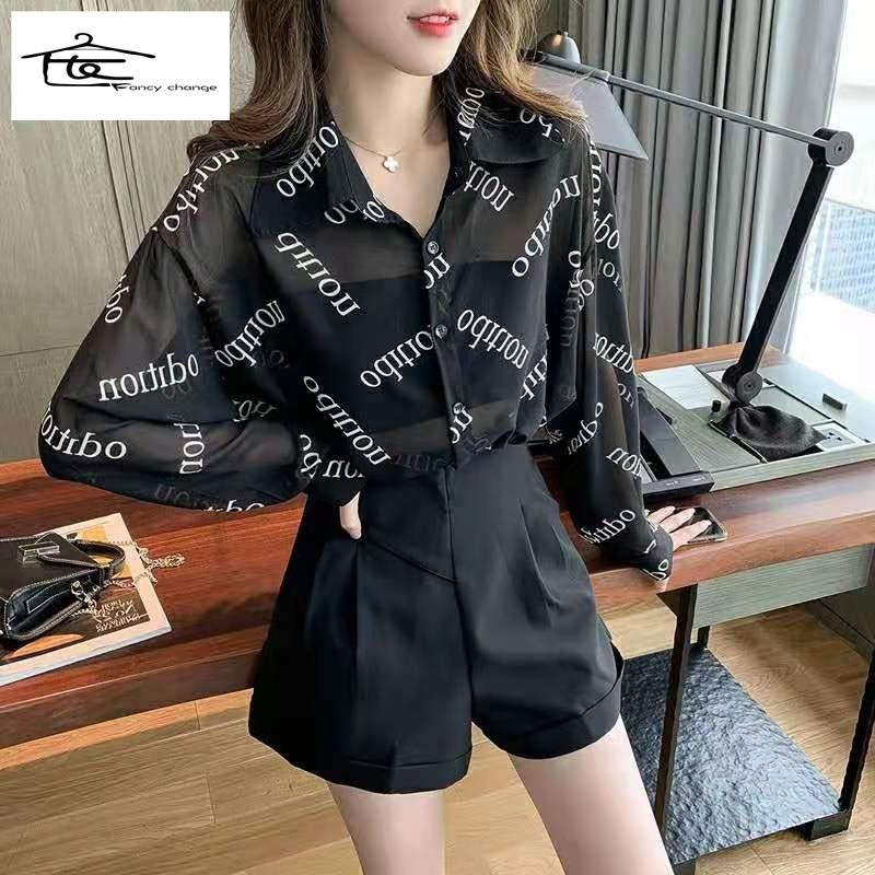Hàng Có Sẵn Bán Chạy~Áo Sơ Mi Mỏng Mùa Hè Thiết Kế In Chữ Nhỏ Phong Cách Hong Kong Gợi Cảm Trong Suốt Cho Nữ
