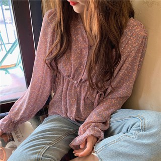 (ORDER) Áo sơ mi voan nữ hoa nhí tím nhẹ nhàng cổ V bọc khuy thun eo style Hàn Quốc retro 2020