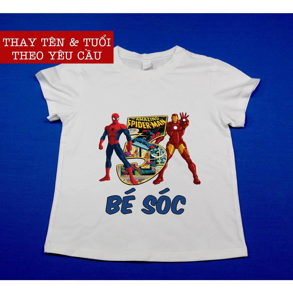 Áo thun người nhện và người sắt thiết kế theo tên và tuổi của bé, vải cotton đẹp cao cấp, áo phông quà tặng sinh nhật