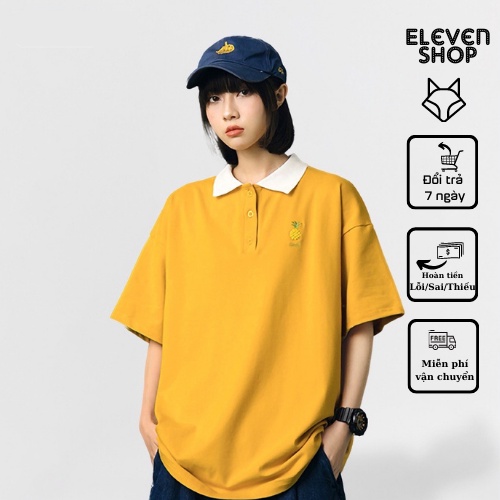 Áo thun Polo Unisex thêu logo hoa quả cực đẹp form rộng che tốt khuyết điểm, vải cotton co giãn 4 chiều thấm mồ hôi