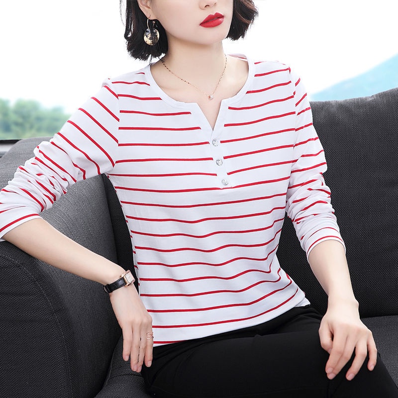 Áo thun tay dài cổ chữ v họa tiết kẻ sọc size lớn thời trang cho nữ