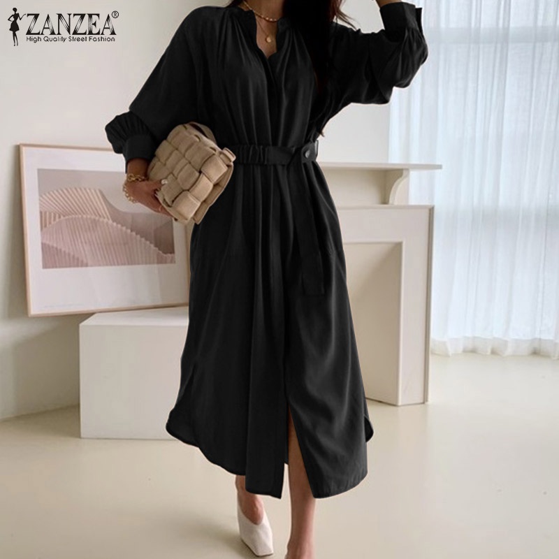 Đầm ZANZEA dáng dài tay phồng cài nút trước thời trang cho nữ