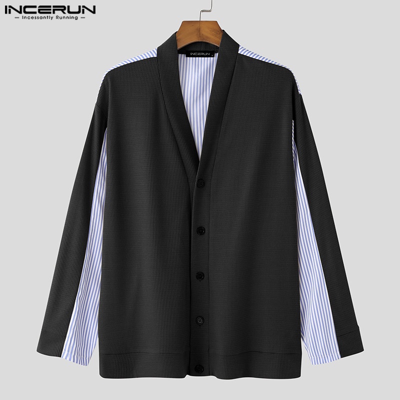 Áo kimono INCERUN dài tay cổ chữ v phối nút họa tiết kẻ sọc cho nam