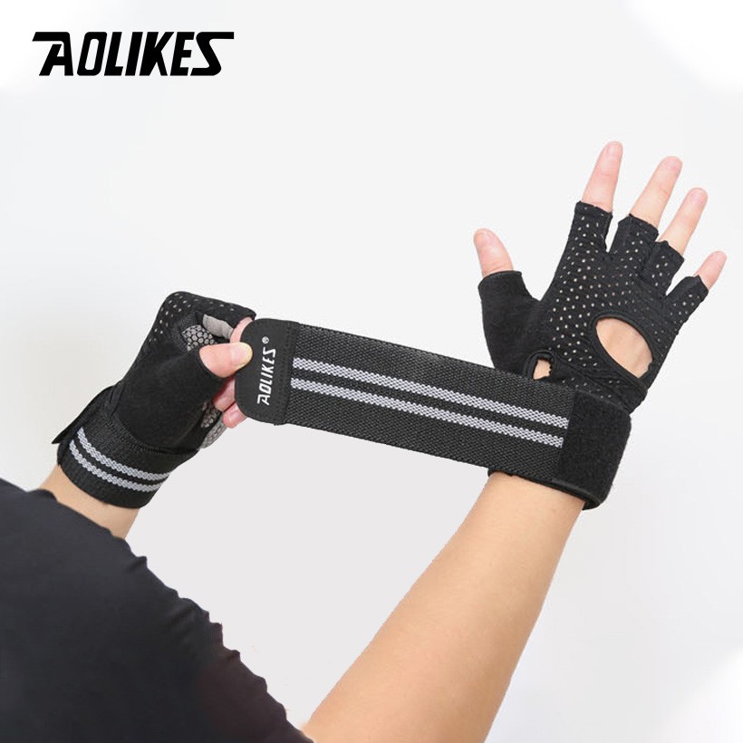Găng tay thể thao chính hãng Aolikes có quấn cổ tay A-113b , gang tay thoáng khí tập gym nam nữ aioi134