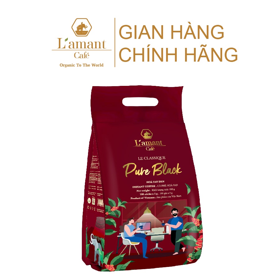 Cà phê hòa tan đen nguyên chất Pure Black (Túi 100 gói x 2gr) - L'amant Café Pure Black instant coffee