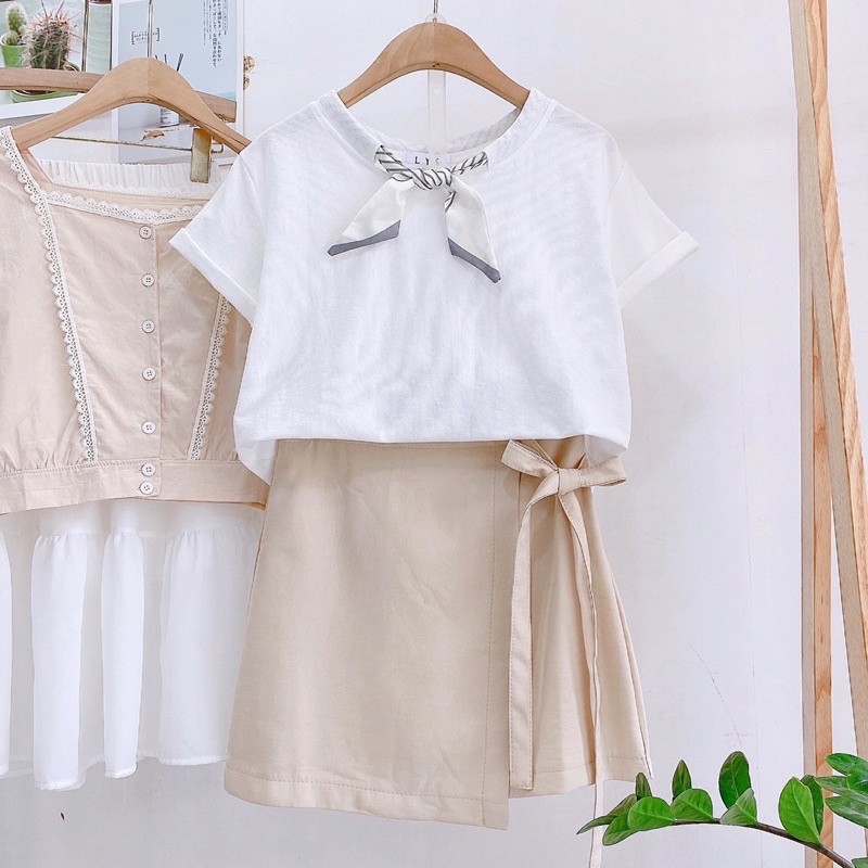 áo phông tăm cổ nơ khăn kẻ