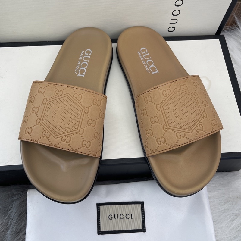 Dép quai ngang da pu mới có G ở giữa to quai vàng đế vàng kèm video)