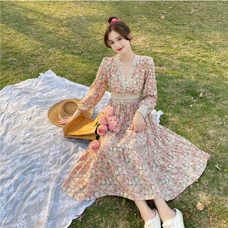 váy hoa tiểu thư dáng dài hàng QC (V04)
