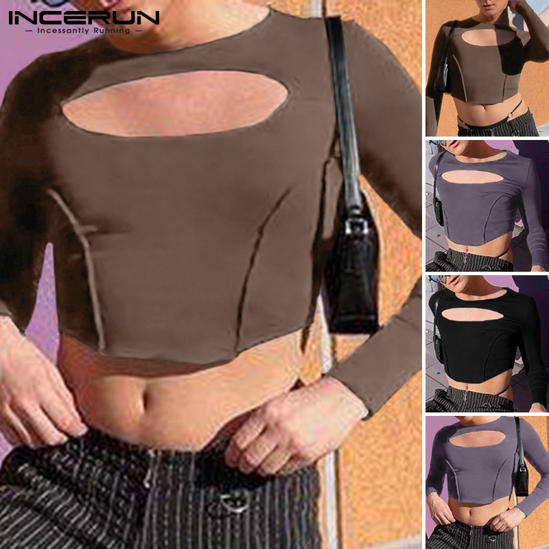 Áo thun INCERUN dáng ngắn co giãn khoét lỗ tay dài màu trơn đi chơi dành cho nam