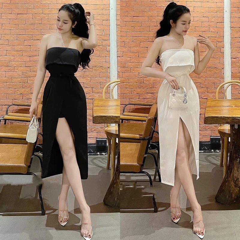 Đầm midi ống thắt nơ eo xẻ đùi