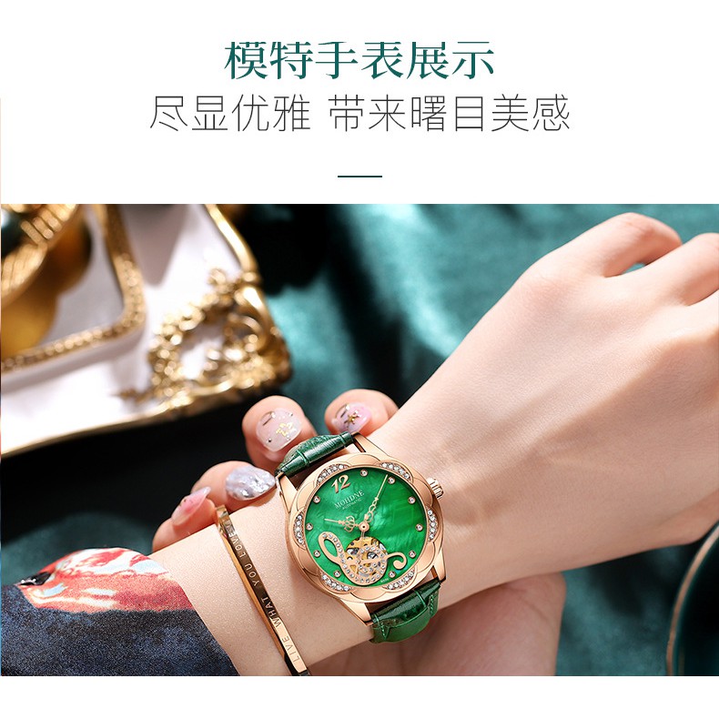 Đồng hồ nữ, đồng hồ đeo tay dây da chính hãng MOHDNE cao cấp, siêu sang, mặt tròn đính kim cương nhân tạo cực sáng bóng