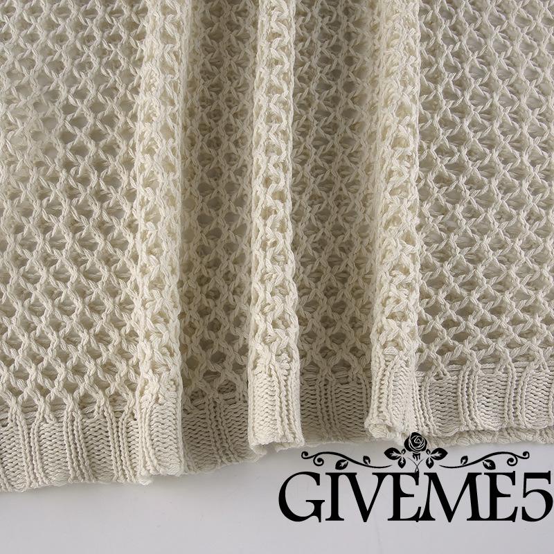GIVEME-Women Sexy Hollow-out Knit Smock Blouse, Loose Round Neck Long Sleeve Fishnet Pullover Knitwear