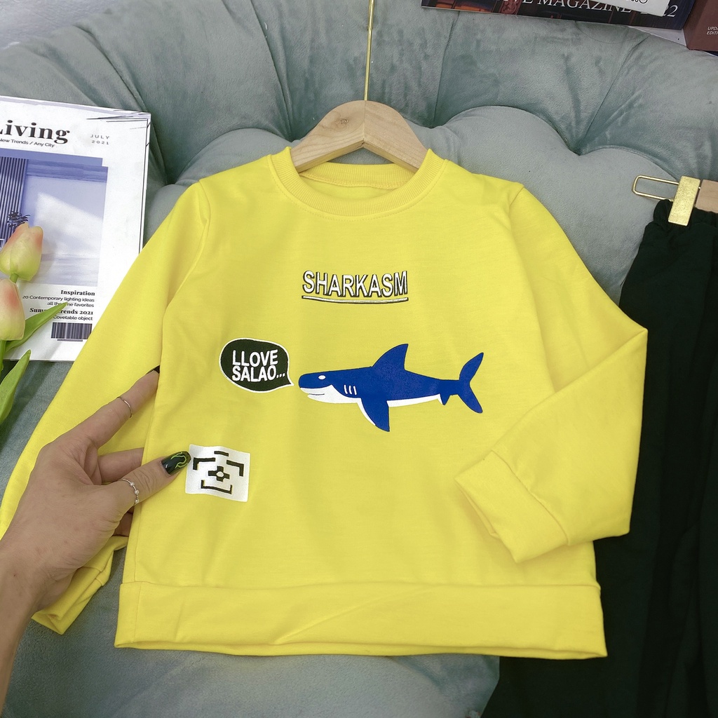 Bộ quần áo dài tay thu đông &quot;CÁ MMẬP&quot; 14-48kg cho bé trai. Đồ bộ dài tay cho bé 4-14 tuổi. B25