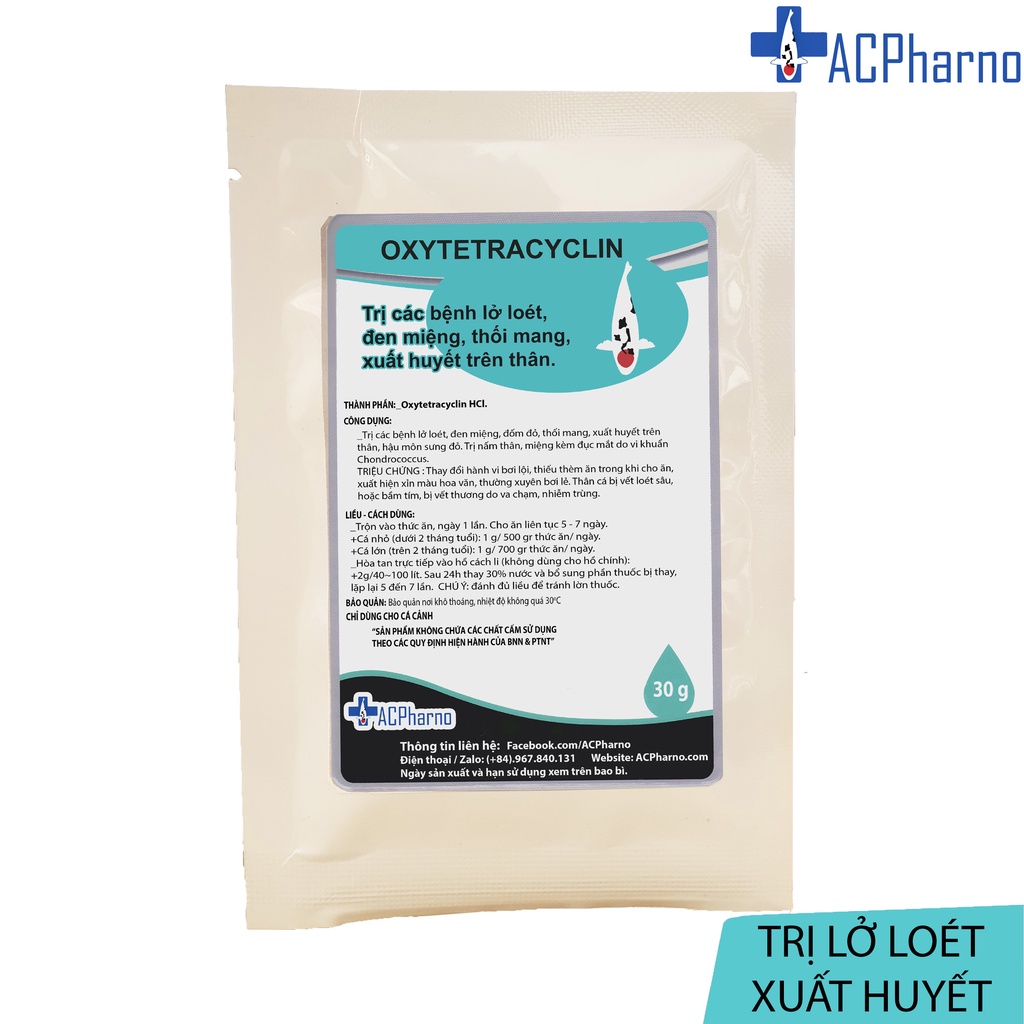 Oxytetracycline 30gr Lở loét, xuất huyết trên thân, nhiễm trùng dành cho cá chép Koi, cá vàng guppy - Tri chua lo loet