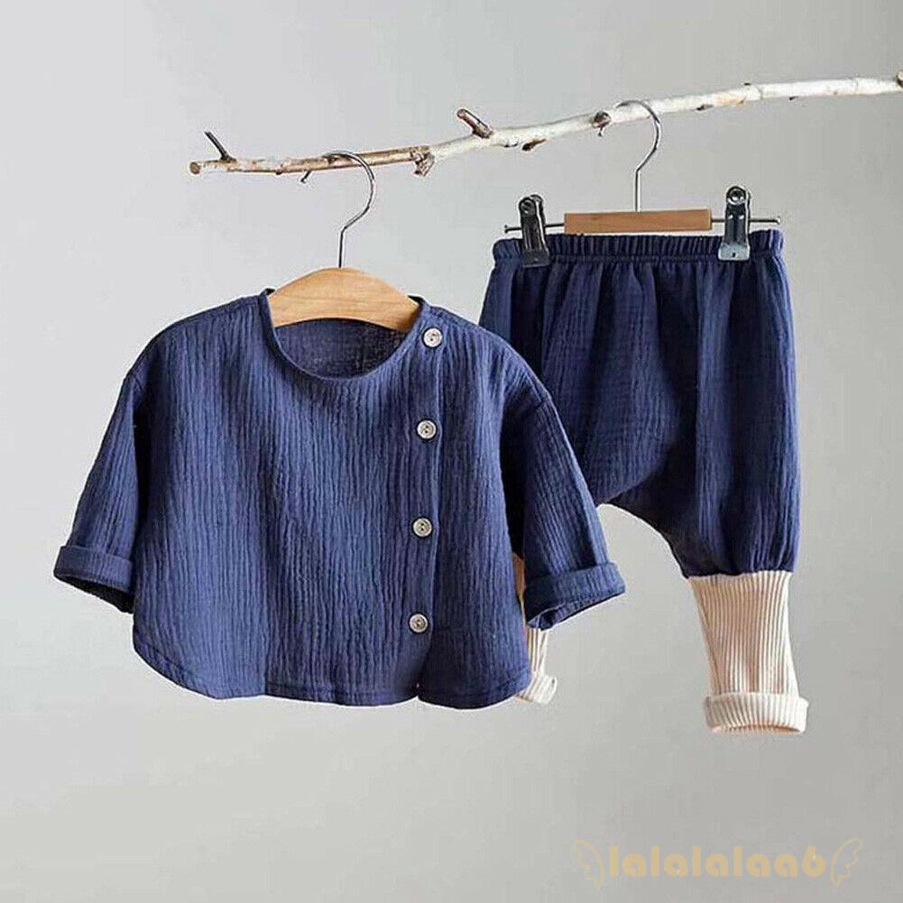 Set áo cotton lanh phối nút + quần dài cho bé