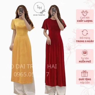 Áo dài cách tân tay chun bồng, chất liệu nhung-Áo Dài Trang Hải