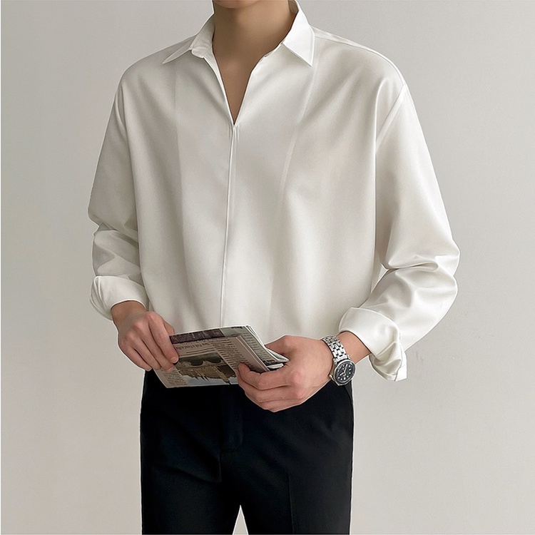 Áo Sơ Mi Cổ V Không Cúc lụa trơn Cao Cấp, trắng - form unisex vừa ôm không nhăn công sở hàn quốc DT Limited