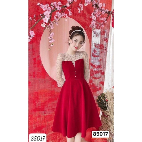 Đầm đỏ tay dài chấm bi 69k (chốt live)