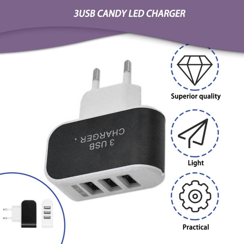 Củ sạc 3 cổng cắm USB có đèn LED cao cấp tiện dụng