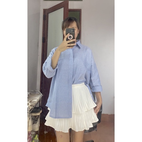 Áo kẻ sọc fom rộng khuy sườn