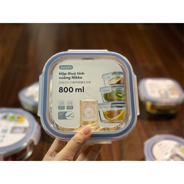 Hộp Thủy Tinh Vuông NIkko INOCHI Bảo Quản Thực Phẩm Tủ Lạnh,Hâm Nóng Đồ Ăn Trong Lò Vi Sóng