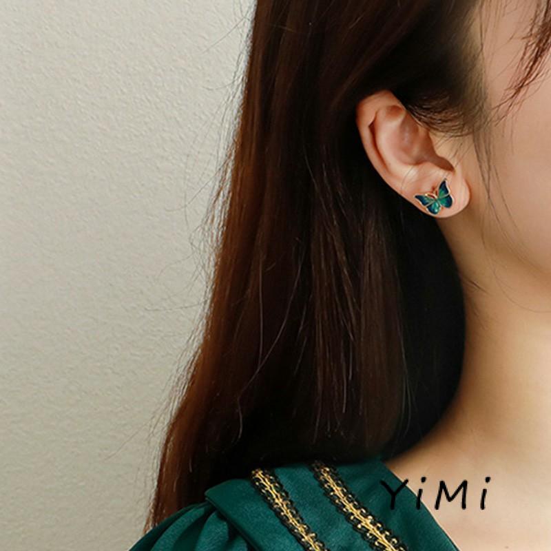 Bộ bông tai hình bướm màu xanh lá dầu đơn giản thời trang không gây dị ứng cho nữ