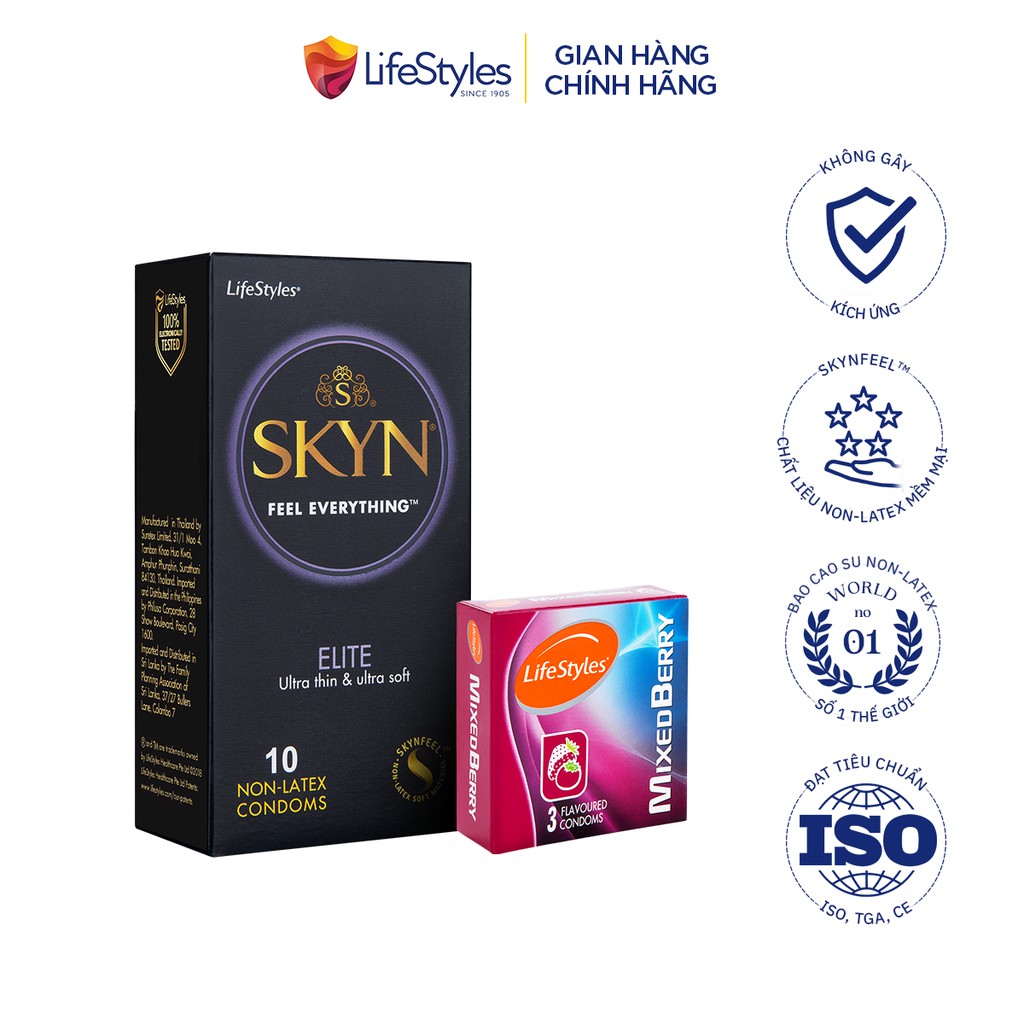 Combo bao cao su SKYN Elite Non-latex 10 cái + 1 hộp bao cao su LifeStyles Mixed Berry