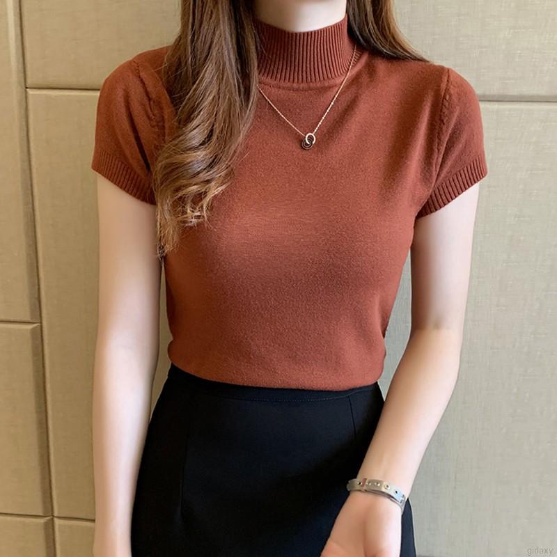 Áo Dệt Kim Tay Ngắn Cổ Lọ Màu Trơn Đơn Giản Phong Cách Hàn Quốc