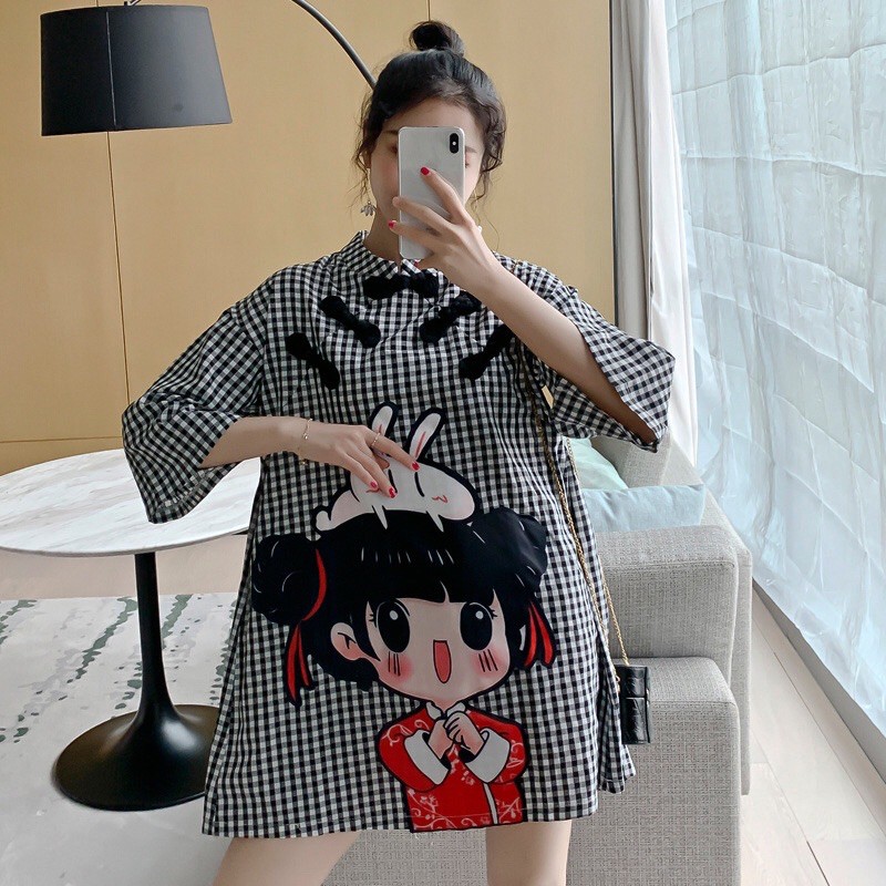 Sườn Xám Caro Hoạt Hình Dáng Suông Rộng | BigBuy360 - bigbuy360.vn