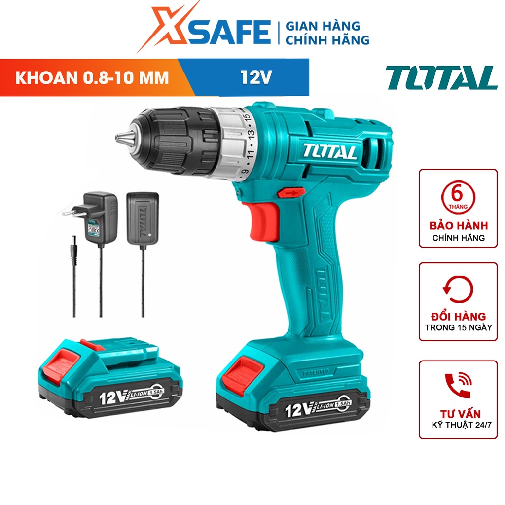 Máy khoan vặn vít dùng pin TOTAL TDLI1211 12V tốc độ không tải 0-600/min, khoan tối đa 0.8-10mm - chính hãng