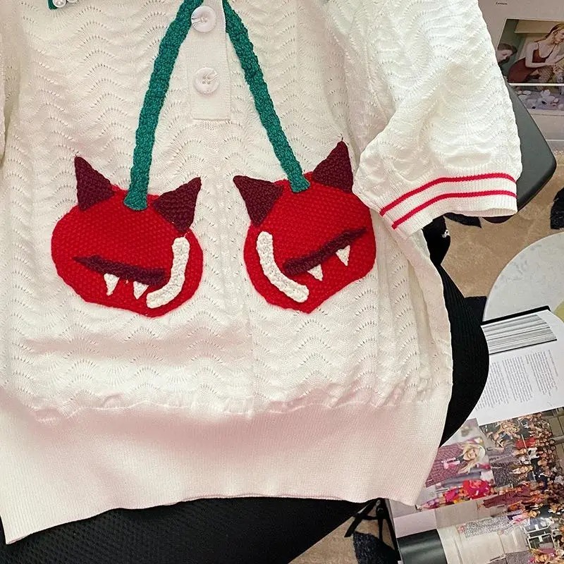 Áo thun ZHELIHANGFEI polo dệt kim thêu họa tiết ác quỷ / cherry phối màu sắc ngọc trai xinh xắn
