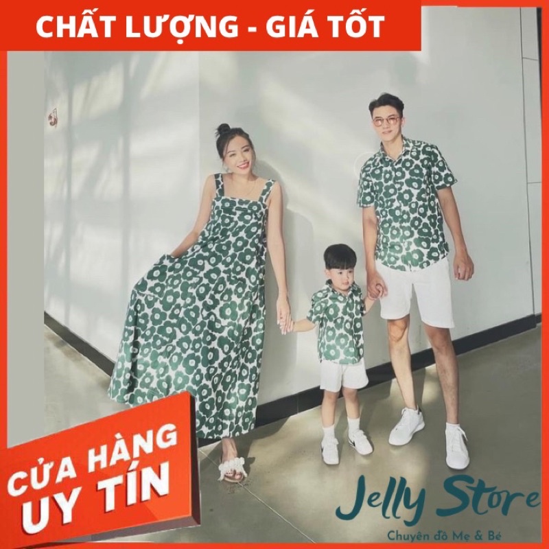 Set đồ Gia Đình Cotton hoa xanh, váy Mẹ Bé 2 dây, kèm ảnh thật