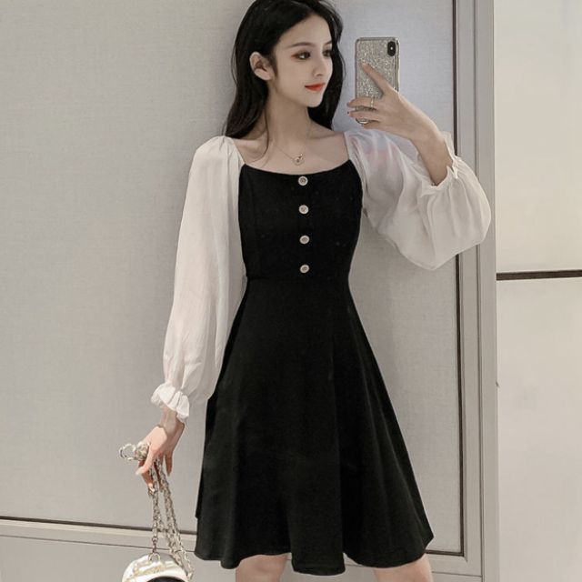 Đầm Nữ Đen Phối Tay Trắng