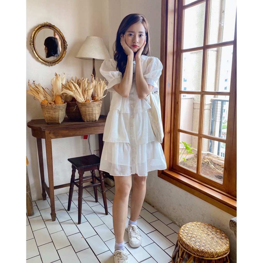 Đầm babydoll trắng , đầm voan tơ tay phồng , phong cách đầm tiểu thư , hàng thiết kế Snow Dress D057 ảnh thật shop chụp