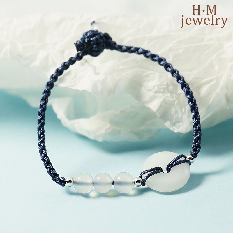 Vòng Tay Dây Bện Đính Hạt Ngọc Bích Màu Xanh Dương Mang Lại May Mắn Ins Hetian