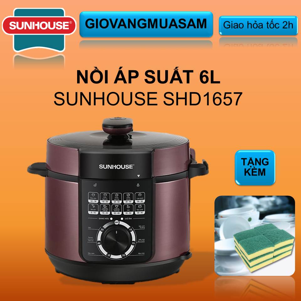 Nồi áp suất điện, nồi nấu đa năng sunhouse SHD1657 6lít hàng chính hãng giá rẻ + Tặng miếng bọt biển