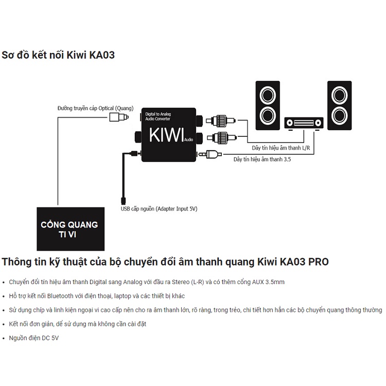 Bộ Chuyển Quang KiWi KA03 Pro, Tặng Cáp Quang - Đổi Optical TV Sang Cổng AV Và Cổng 3.5 - Ra Amply - Kết Nối Bluetooth