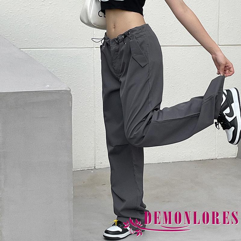Demonlores Quần Dài Dây Rút Lưng Vừa Màu Trơn Phong Cách Đường Phố Thường Ngày Cho Nữ