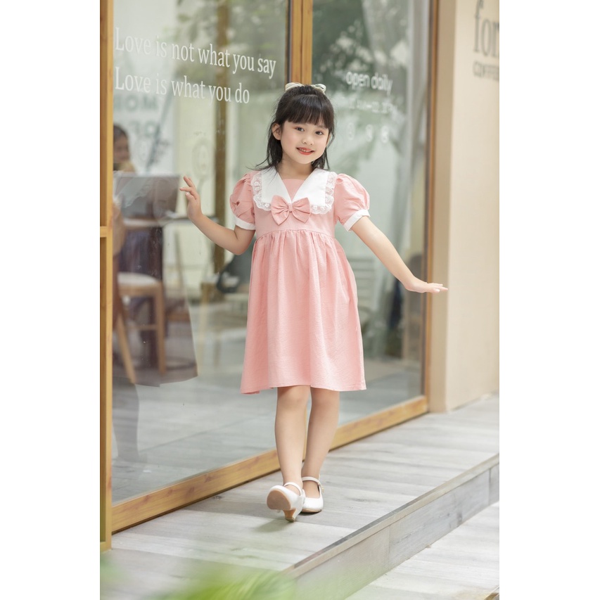 Đầm hồng bé gái cộc tay - BABYSTORE88, Váy trẻ em đi học 1 2 3 4 5 6 7 8 tuổi hàng thiết kế cao cấp V27