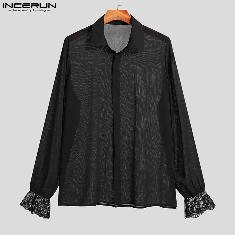 Áo sơ mi INCERUN tay loe phối ren lưới xuyên thấu cài nút sành điệu cho nam