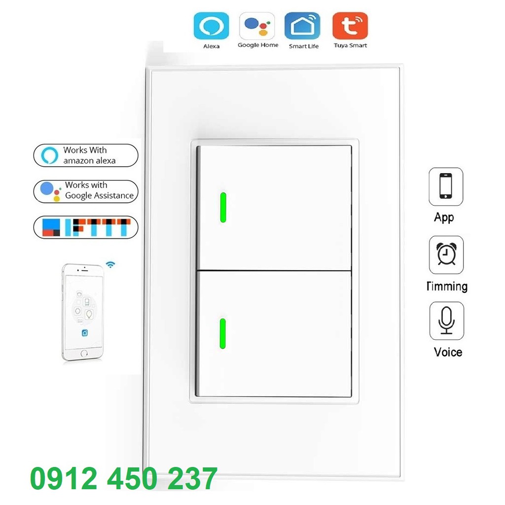 Công tắc cơ thông minh 2 nút HCN màu trắng - Hàng cao cấp, siêu bền App Tuya/Smartlife