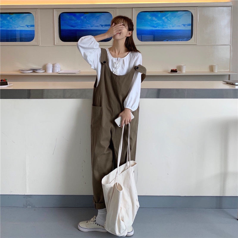 [Hàng Có Sẵn Bán Chạy]~2022 Quần Yếm Ống Rộng Mùa Xuân Thu Phong Cách Hàn Quốc Giản Dị Dành Cho Nữ Sinh