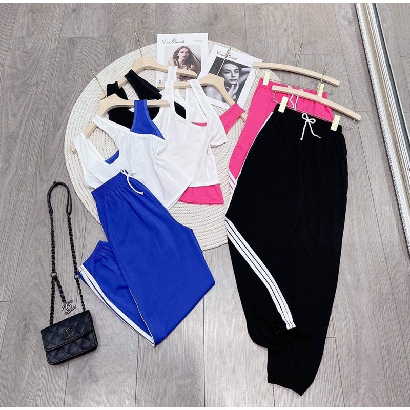 Set bộ thể thao áo croptop phối màu quần bom chạy sọc viền cực cá tính | BigBuy360 - bigbuy360.vn