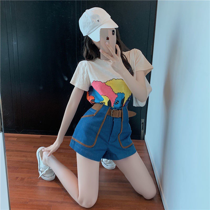 2021Summer Young Hepburn Style Graceful Online Influencer Curly Hair Girl PrintTT-shirt+High Waist Denim Shorts with Belt