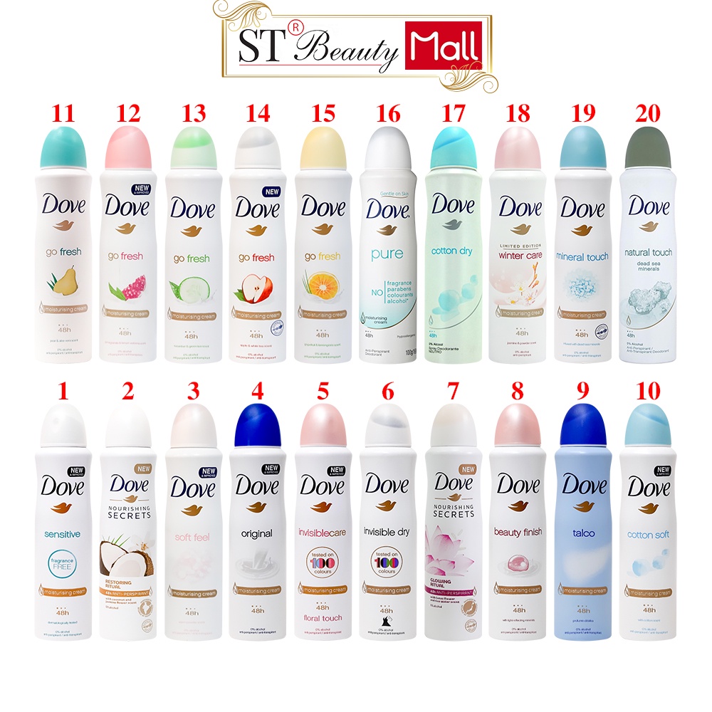 Xịt khử mùi nữ Dove ngăn ngừa mồ hôi và khô thoáng vùng da dưới cánh tay 150ml Châu Âu