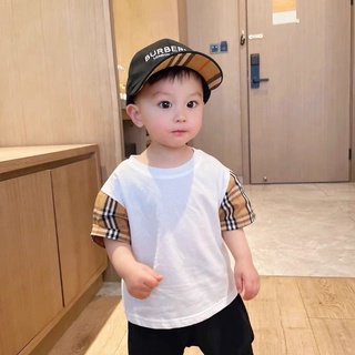 Bộ in tròn phối tay kẻ mũ kẻ bé trai