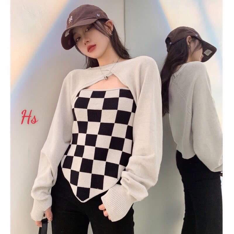 Set croptop 2 món yếm caro + áo croptop trên ngực dài tay nhảy dance