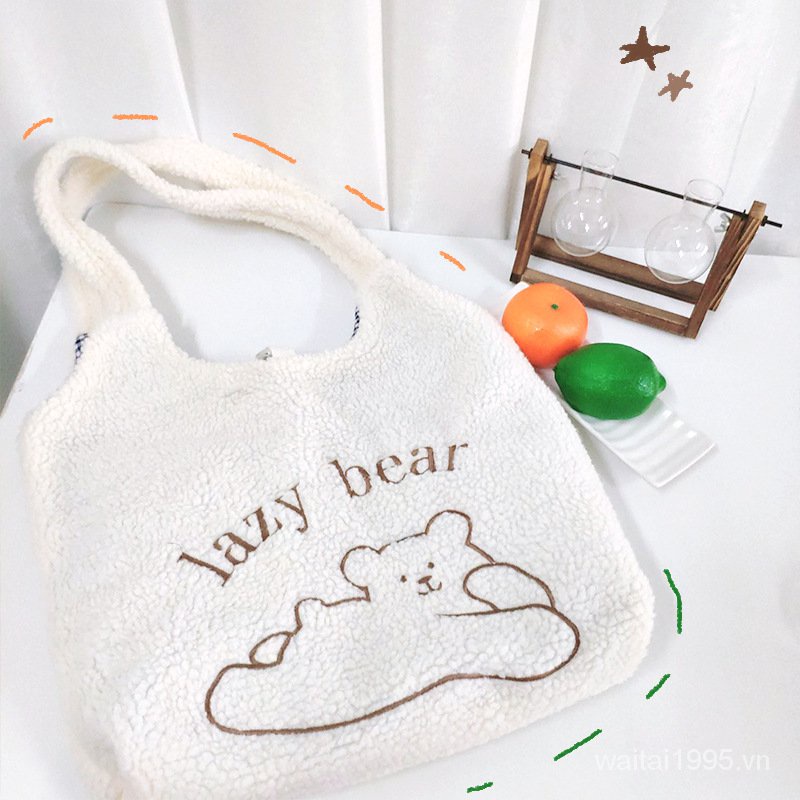Túi Đeo Vai Bằng Vải Lông Cừu Mềm Mại Thêu Hình Gấu Dễ Thương Và Dễ Phối Đồ Cho Học Sinh