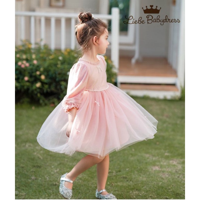 Đầm nhung voan công chúa bé gái hồng pastel phấn đính hạt 1-8 tuổi